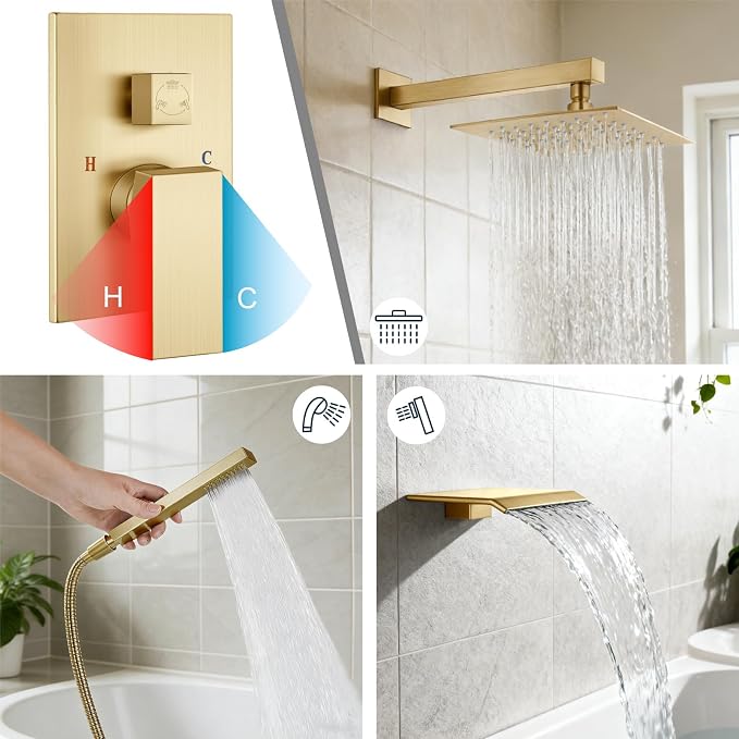 Midanya Shower System with Tub Spout,10 Inch Shower Head,Brushed Gold | with Valve & Trim Kit,Square Rain Head,Handheld Sprayer,Waterfall Spout,All Metal Wall Mount Bathroom Shower Tub Faucet Set