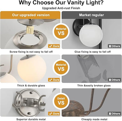 3 Lights Vintage Bathroom Vanity Light Fixtures Over Mirror, Brushed Nickel Vanity Lights For Bathroom With Milk White Glass Globe Shade, Wall Lights For Bedroom, Hallway, Dressing Table(G9 Incl.)