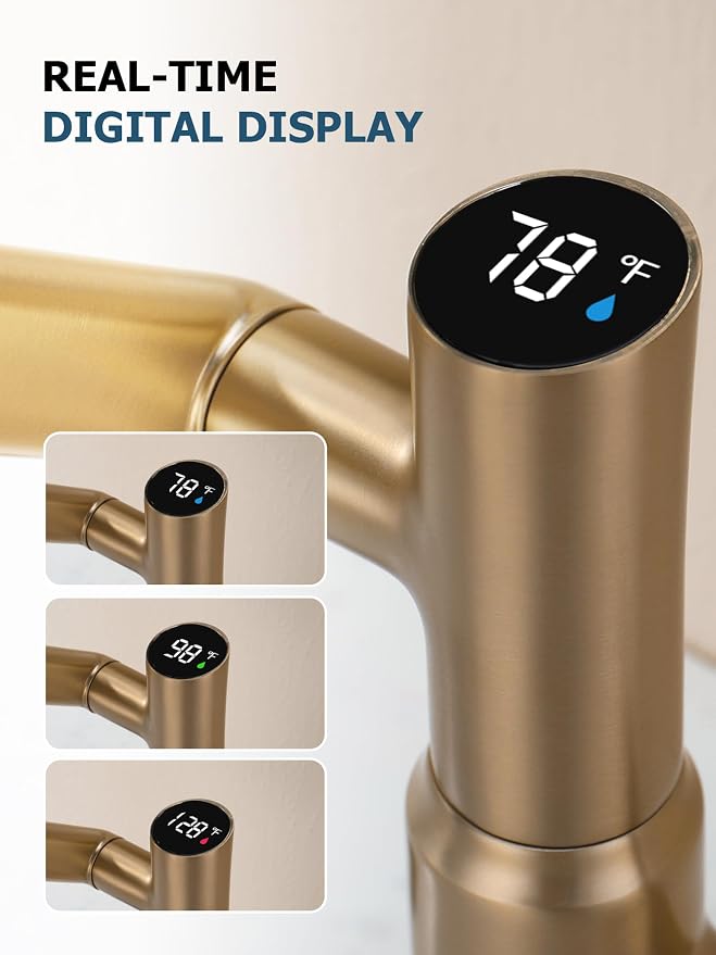 Rotatable Bathroom Faucet with Temperature Display in Fahrenheit (Batteries-Free), 3 Water Outlet Modes, Brushed Copper