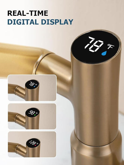 Rotatable Bathroom Faucet with Temperature Display in Fahrenheit (Batteries-Free), 3 Water Outlet Modes, Brushed Copper