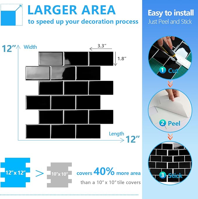 STICKGOO Subway Tile Peel and Stick Backsplash, Thicker Design 12" x 12" Stick on Backsplash Tiles for Kitchen, Bathroom, Wall Tile (10 Sheets, Black)