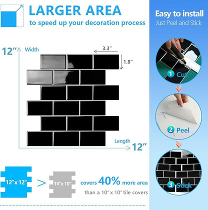 STICKGOO Subway Tile Peel and Stick Backsplash, Thicker Design 12" x 12" Stick on Backsplash Tiles for Kitchen, Bathroom, Wall Tile (10 Sheets, Black)
