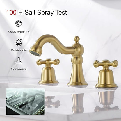 RKF Bathroom Faucets for Sink 3 Hole Gold 8 inch Widespread Bathroom Sink Faucet with Drain 2 Handles Cross Knobs Faucet Bathroom Vanity Faucet Basin Mixer Tap CWF033-BG