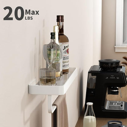 16 Inch Long Floating Bathroom Shelf with Towel Bar, Clear Tempered Glass Wall Shelf with Hand Towel Holder for Bathroom Storage Organizer, Matte White