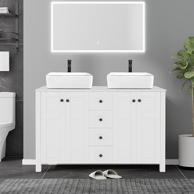 48 inch White Bathroom Vanity with Marble Texture Top and 4 Drawers, Modern Standing Pedestal Cabinet Without Sink