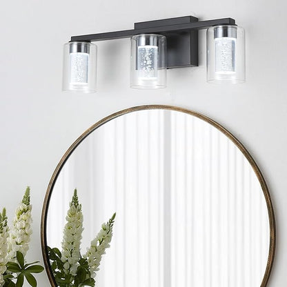 3-Light Bathroom Light Fixtures, Black Modern Vanity Lights with Clear Glass Shade, Bathroom Wall Lamp with Crystal Bubble for Mirror Kitchen Living Room Hallway