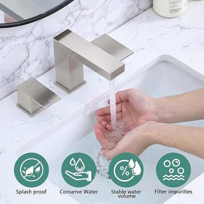 Bathroom Faucet 3 Hole, 8 Inch Widespread Bathroom Sink Faucets, 2 Handle Bathroom Faucets for Sink, Modern Rv Lavatory Vanity Faucet with Pop Up Drain and Supply Hoses, Brushed Nickel