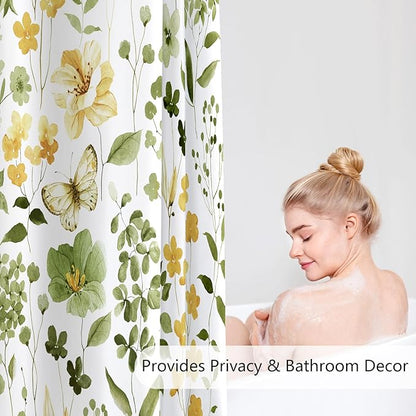 Extra Long Shower Curtain 72 x 84 Inch, Tall Olive Green Floral Shower Curtains for Bathroom, Watercolor Flower Butterfly Fabric Shower Curtain Set with Hooks