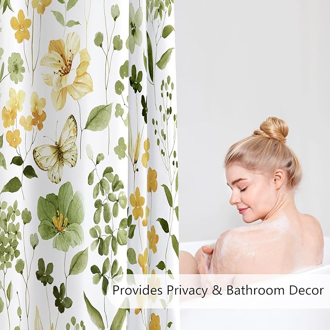 Small Stall Shower Curtain 36 x 72 Inch, Half Narrow Olive Green Floral Shower Curtains for Bathroom, Watercolor Flower Butterfly Fabric Shower Curtain Set with Hooks