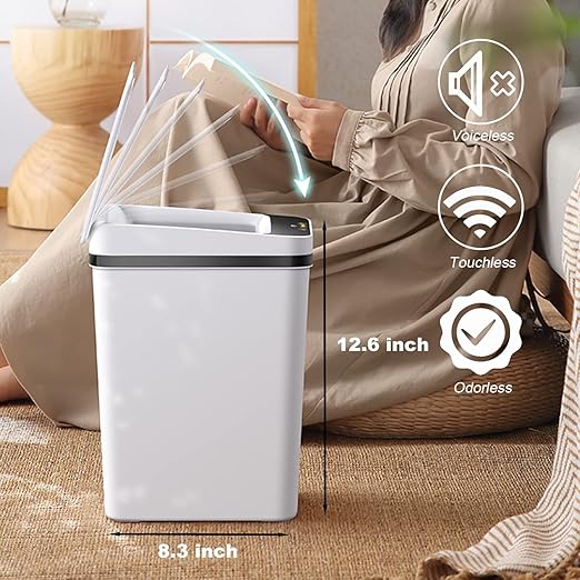 3 PACK - Bathroom Garbage Can with a Lid - 2.5 Gallon Automatic Trash Cans | Bedroom, Office - Small Smart Trash Can Touchless - Plastic, Narrow, Auto Open - Motion Sensor Trash can Bathroom ( White )