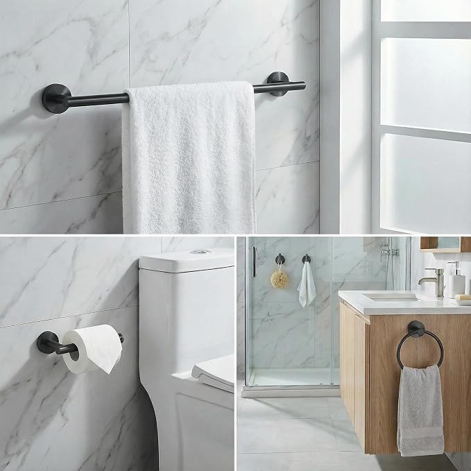 5-Piece Bathroom Hardware Set, Black SUS304 Stainless Steel Bathroom Accessories Kit, Includes 24" Towel Bar, Toilet Paper Holder, Towel Ring & 2 Robe Hooks, Wall Mounted, Rustproof Modern Design
