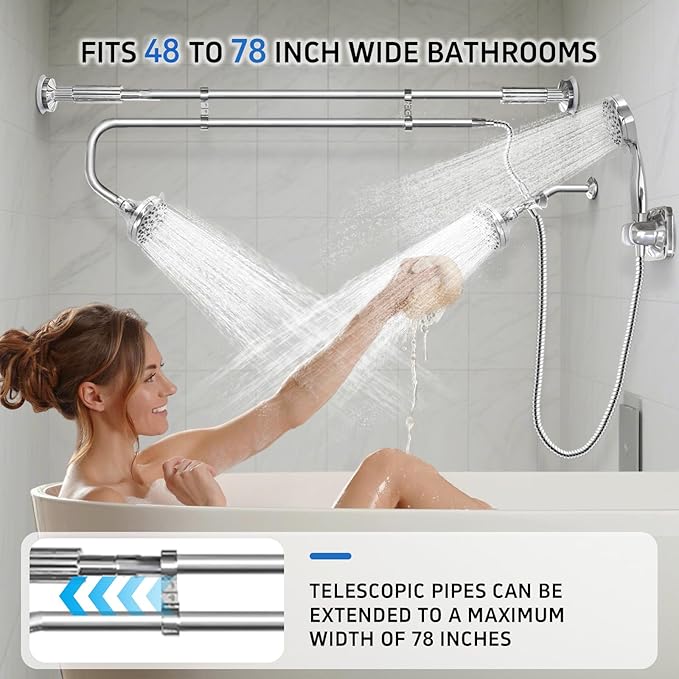 OURBAOFU Tandem Shower, Dual Shower Heads for Couples & Handheld head, Triple Shower Head System for Two People, High Pressure and Adjustable Double Shower Heads and Handheld Shower Head（Silver)