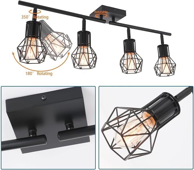 Track Lighting Fixtures Ceiling，Industrial Black Kitchen Track Lighting for Kitchen, Living Room, Dining Room, Hallway（E26 | Matte black metal build, adjustable heads, easy ceiling mount. E26 socket fits bulbs for industrial farmhouse indoor spaces