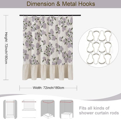 ORTIGIA Linen Textured Ruffle Shower Curtain with Metal Hooks, Vintage Purple Hydrangea Floral Boho Waterproof Bath Curtain for Rustic Farmhouse Bathroom Decor 72x72 Inch