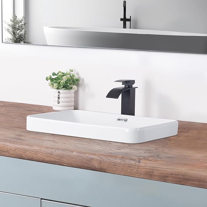 Bathroom Vessel Sink 21.6" X 14.3" Semi Recessed Bathroom Sink Rectangular Drop In Bathroom Sinks with Overflow White Ceramic Vessel Sinks for Bathroom Modern Above Counter Basin Vanity Sink