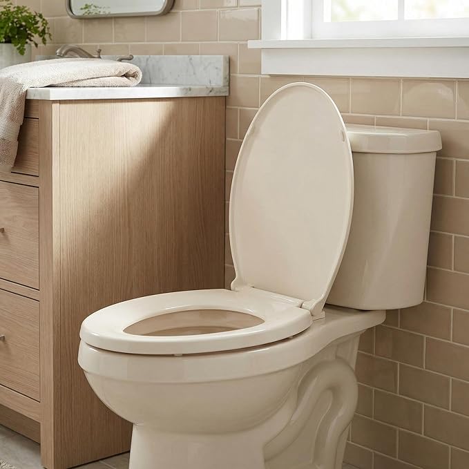 17" Round Quiet Close Toilet Seat, Almond Color Polypropylene with Never-Loosen Durable Design, Easy Installation and Maintenance