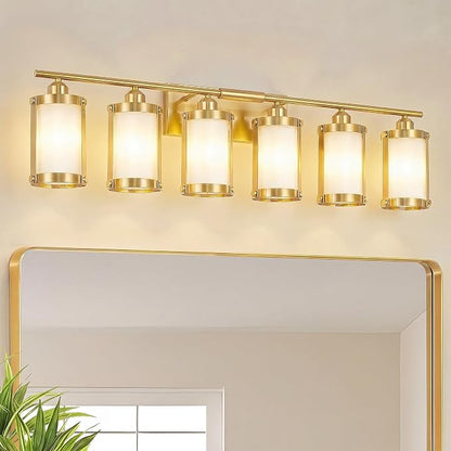 6-Light Brushed Gold Bathroom Light Fixtures Over Mirror with Frosted Milk Glass and Metal Cage Shade, 42" UL-Listed Modern Farmhouse Wall Sconce for Bath, Hardwire E26, OS-3014BGW-6W