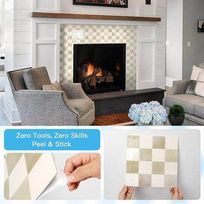 Art3d Grid Peel and Stick Backsplash, 10-Pack, 12 x 12 in, Beige and White | Enhanced Thickness, Strong Adhesion, Moisture Resistant, Long-Lasting, Minimalist Look, DIY Friendly, for Kitchen Countertops
