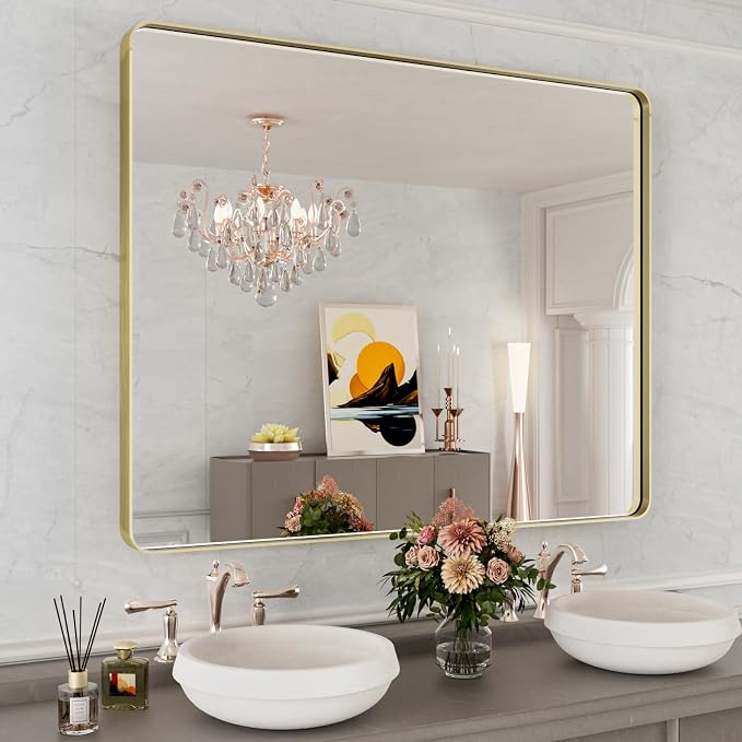 WEER 40X32 Inch Gold Bathroom Vanity Mirror | Rounded Rectangle Gold Mirror, Brushed Gold Metal Frame, Tempered Glass, Anti-Rust, Hangs Horizontally or Vertically