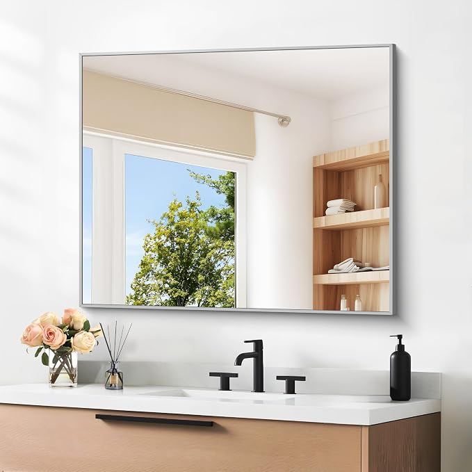 DESBING 30" x 36"Bathroom Mirror, Silver Rectangle Corner Wall Mirror with Metal Frame, Decorative Rectangular Vanity Mirror for Bedroom Bathroom Living Room Entryway (Horizontal/Vertical)