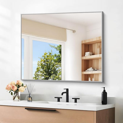 DESBING 30" x 36"Bathroom Mirror, Silver Rectangle Corner Wall Mirror with Metal Frame, Decorative Rectangular Vanity Mirror for Bedroom Bathroom Living Room Entryway (Horizontal/Vertical)