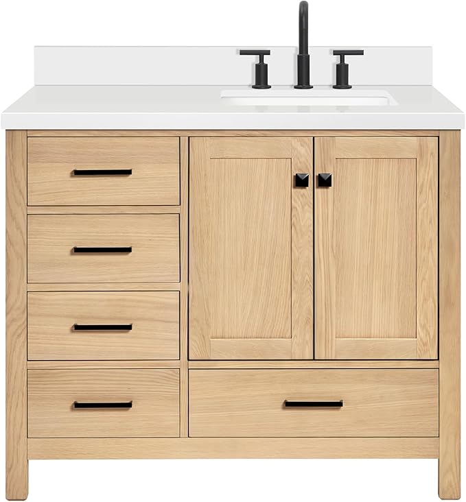 ARIEL 43 inch Bathroom Vanity top with Sink, 1.5 Inch Thick Miter Edge White Quartz top, Right Offset Vanity top with Rectangle Porcelain Sink, Includes Backsplash