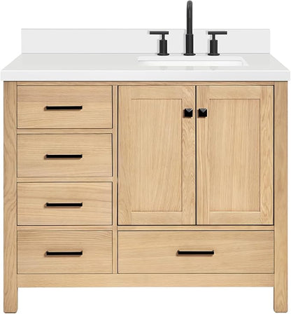 ARIEL 43 inch Bathroom Vanity top with Sink, 1.5 Inch Thick Miter Edge White Quartz top, Right Offset Vanity top with Rectangle Porcelain Sink, Includes Backsplash