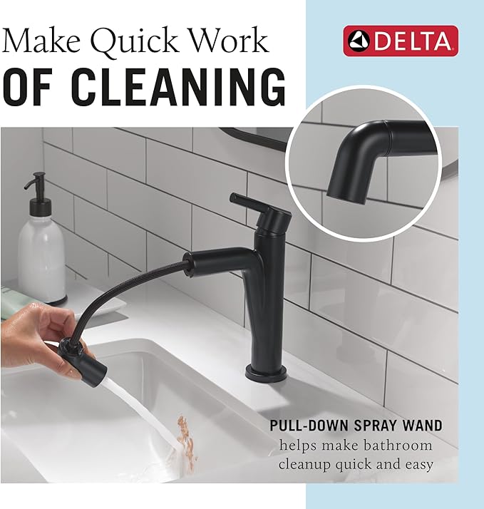Delta Nicoli 1 Hole Matte Black Bathroom Faucet with Sprayer, Single Hole Bathroom Sink Faucet with Pull Out Sprayer for Vanity, Push-Pop Drain, Matte Black 15849LF-BLPD