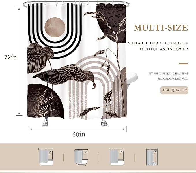 Glawry Black and Brown 60Wx72L Inches Shower Curtain Boho Mid Century Modern Minimalist Aethetic Black and Gray Palm Leaf Bath Accessories Art Home Decor Fabric 12 Pack Hook