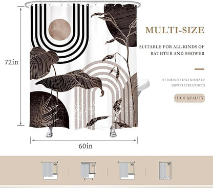 Glawry Black and Brown 60Wx72L Inches Shower Curtain Boho Mid Century Modern Minimalist Aethetic Black and Gray Palm Leaf Bath Accessories Art Home Decor Fabric 12 Pack Hook