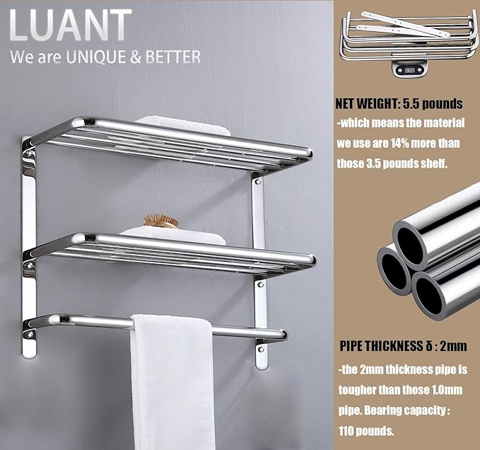 LUANT 24 Inch Bathroom Shelf 3-Tier Wall Mounting Rack with Towel Bars