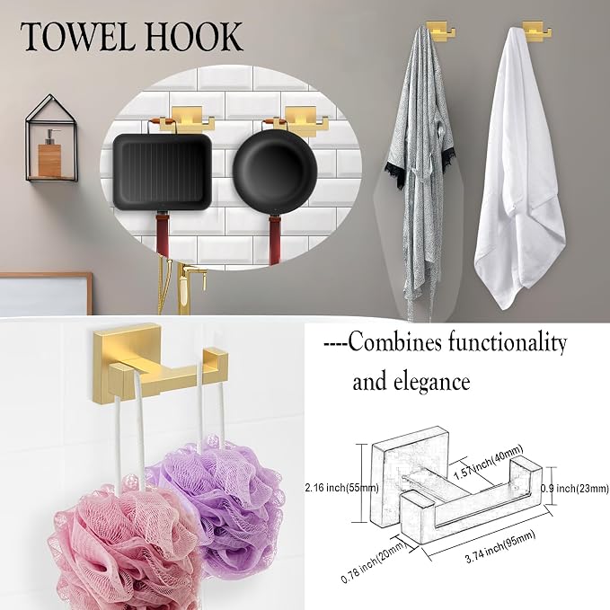 BOZWELL 5 Piece Light Brushed Gold Stainless Steel Towel Bar Set, 23.6 inch Square Bathroom Hardware Accessories Set,Wall Mounted Towel Racks for Bathroom with TP
