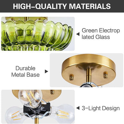Green Glass Semi Flush Mount Ceiling Light Fixture,11.8 in,3-Lights | Flower Shape,Round Gold Base,Use E26 Bulb,Support Dimmable,for Hallway,Bedroom,Bathroom,Foyer,Closet,Entryway,Laundry Room