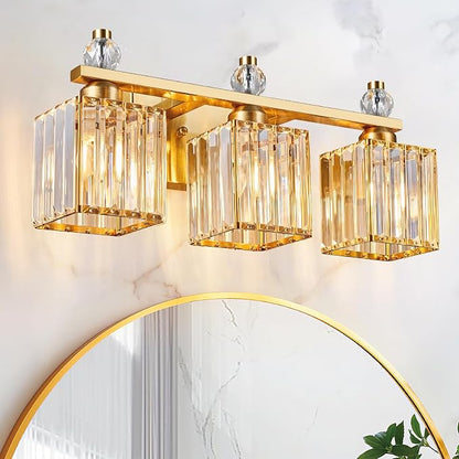 Bathroom Vanity Lights 3-Light Modern Crystal Vanity Light Gold Bathroom Light Fixtures Over Mirror Crystal Bathroom Vanity Lighting Fixtures