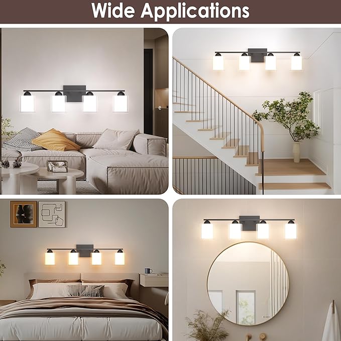Quntis Black Bathroom Lighting Fixtures Over Mirror with 5 Color Modes, 4 Light Dimmable LED Bathroom Vanity Light, with Eye Care Milk White Frosted Glass, 28W Energy Saving, 27 Inch (Bulbs Included)