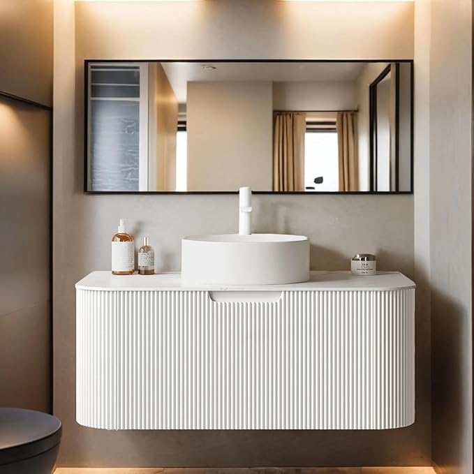 36 inch Bathroom Vanity with Sink, Floating Cabinet with Ultra-Thin Ceramic Basin and Marble Top, Large Storage Drawer, Soft-Close Design, White