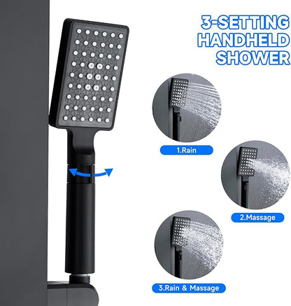MEANTT LED Lights Shower Panel Tower - Waterfall Rainfall Shower Panel Tower System with 4 Body Jets - 5-in-1 Multifunction Shower Column - Matte Black Stainless Steel Shower Tower with Handheld