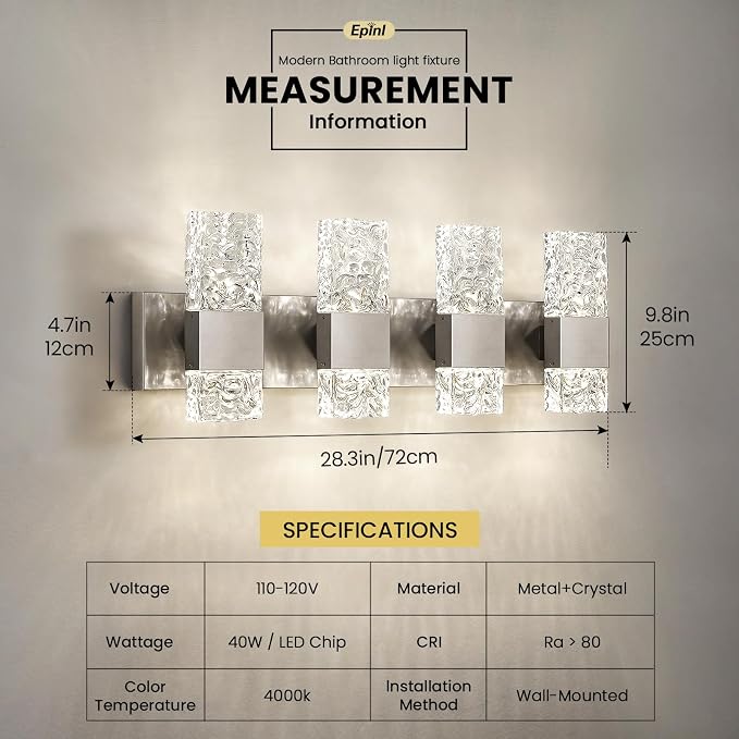 Epinl Brushed Nickel 4-Light Bathroom Vanity Lights, 4000K Modern Bathroom Lighting Fixtures Over Mirror, 28" LED Crystal Bathroom Light Fixtures Hardwired Wall Sconces for Bathroom Living Room