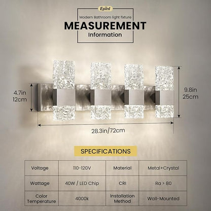Epinl Brushed Nickel 4-Light Bathroom Vanity Lights, 4000K Modern Bathroom Lighting Fixtures Over Mirror, 28" LED Crystal Bathroom Light Fixtures Hardwired Wall Sconces for Bathroom Living Room