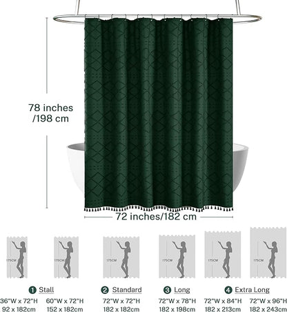 Extra Long Dark Green Boho Woven Fabric Cute Shower Curtain, 72 x 78 Tufted Chevron Textured Striped Modern Farmhouse Minimalist Cloth Shower Curtain for Bathroom