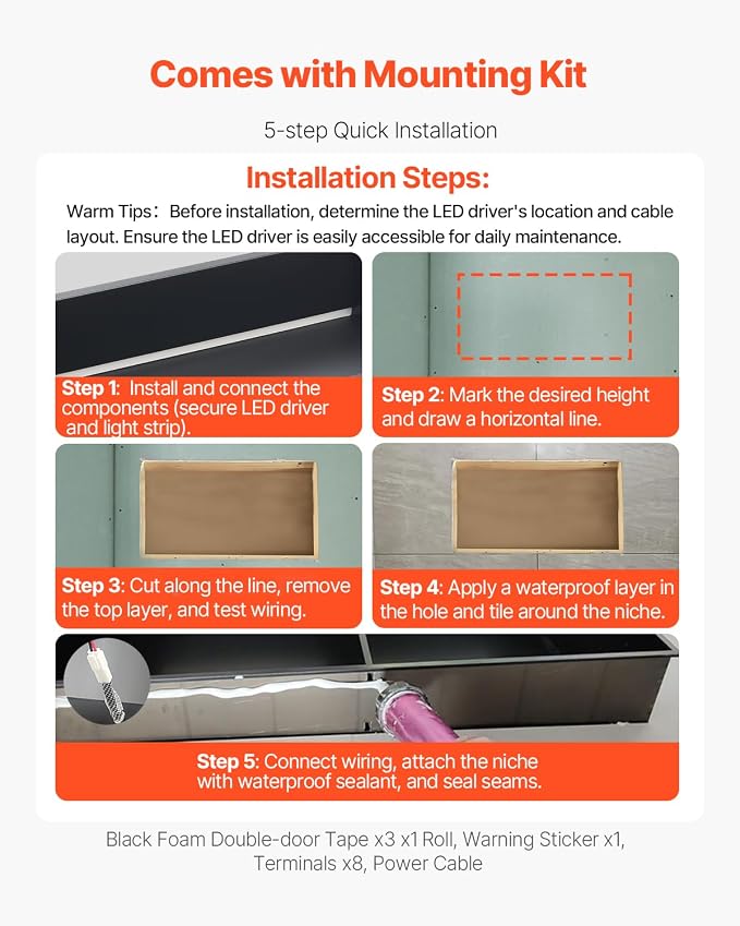 VEVOR Shower Niche, 13 x 25 x 4 inch Recessed Wall Niche with LED Strip,Heavy-Duty Stainless Steel Modern Shampoo Storage Organizer,Sealed Waterproof, Durable & Easy to Install,Black for Bathroom
