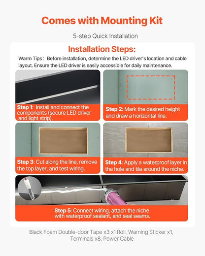 VEVOR Shower Niche, 13 x 25 x 4 inch Recessed Wall Niche with LED Strip,Heavy-Duty Stainless Steel Modern Shampoo Storage Organizer,Sealed Waterproof, Durable & Easy to Install,Black for Bathroom
