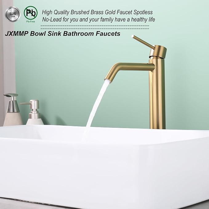 Brushed Brass Vessel Sink Faucet with Pop Up Drain and Supply Lines, Stainless Steel Brass Tall Bathroom Faucet Single Hole, JXMMP Gold Bathroom Faucet for Bowl Sink 1 Hole, JXM1001BTG