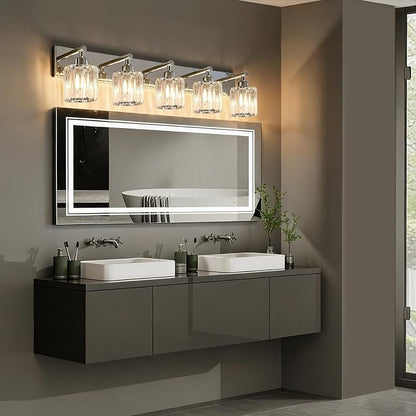 Brushed Chrome Crystal Bathroom Vanity Light, 5-Light Modern Bathroom Lighting Fixtures Over Mirror,Chrome Wall Sconce Light Fixtures with Round Shade