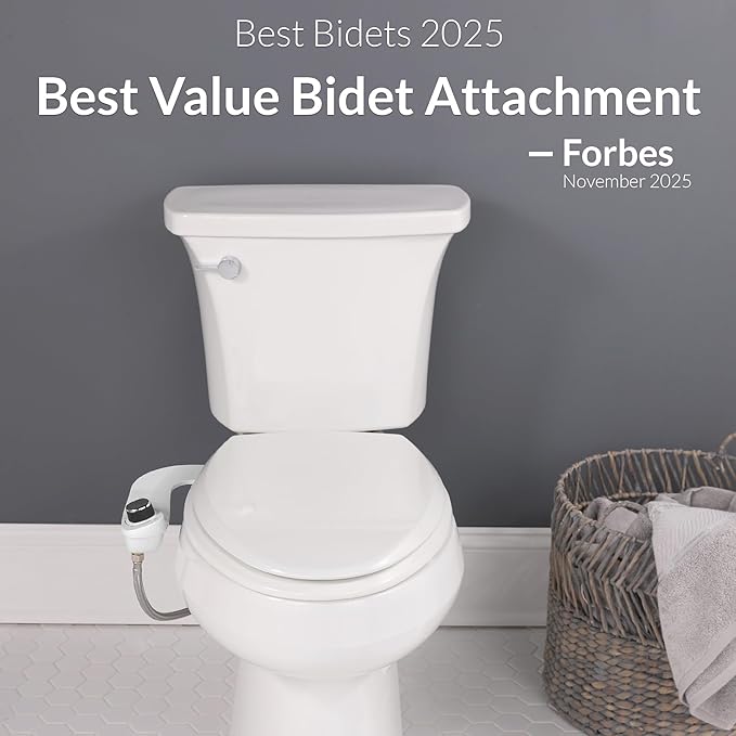 Bio Bidet SlimEdge Bidet Attachment for Toilet, Non Electric, Dual Nozzles for Front and Rear Cold Water Wash, Adjustable Water Pressure, White