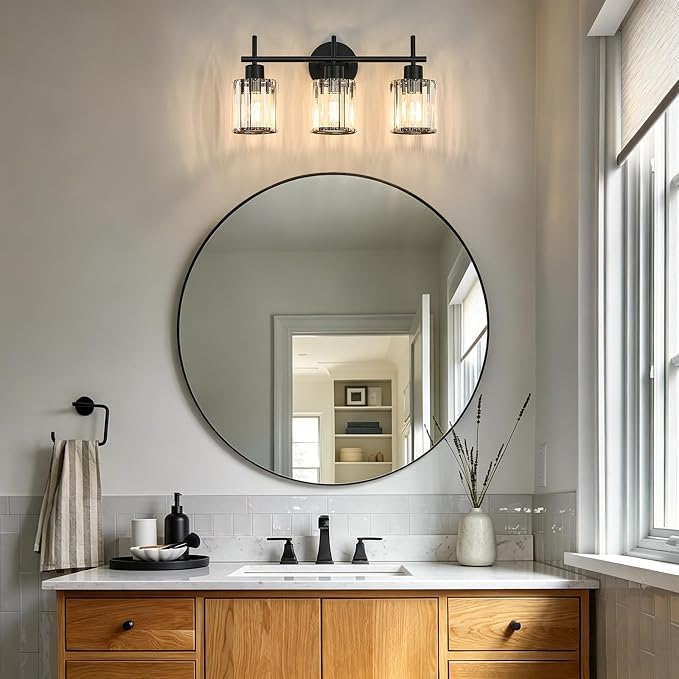 Black 3-Light Crystal Bathroom Vanity Light Fixtures, Round | Vanity Lights for Bathroom, Modern Bathroom Lighting Fixtures over Mirror (Bulbs Not Included, E26)