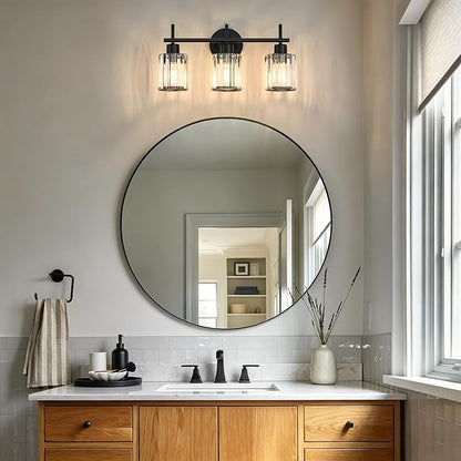 Black 3-Light Crystal Bathroom Vanity Light Fixtures, Round | Vanity Lights for Bathroom, Modern Bathroom Lighting Fixtures over Mirror (Bulbs Not Included, E26)