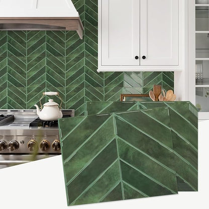 STICKGOO Herringbone Peel and Stick Backsplash, Green, 10 Sheets | 12.6 x 9.7 in, Thicker Rectangular Vinyl Stick-On Wall Tiles, Easy Alignment, Waterproof, Easy to Clean, Kitchen/Bathroom