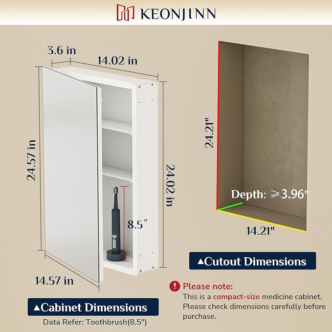 Keonjinn White Bathroom Medicine Cabinet Mirror 14 x 24 in, Tempered Glass | Effortless Assembly, Adjustable Shelves, Wall Mount or Recessed, Soft Close with DTC Hinges, Lightweight, Clear Reflection