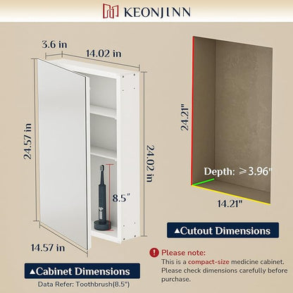 Keonjinn White Bathroom Medicine Cabinet Mirror 14 x 24 in, Tempered Glass | Effortless Assembly, Adjustable Shelves, Wall Mount or Recessed, Soft Close with DTC Hinges, Lightweight, Clear Reflection